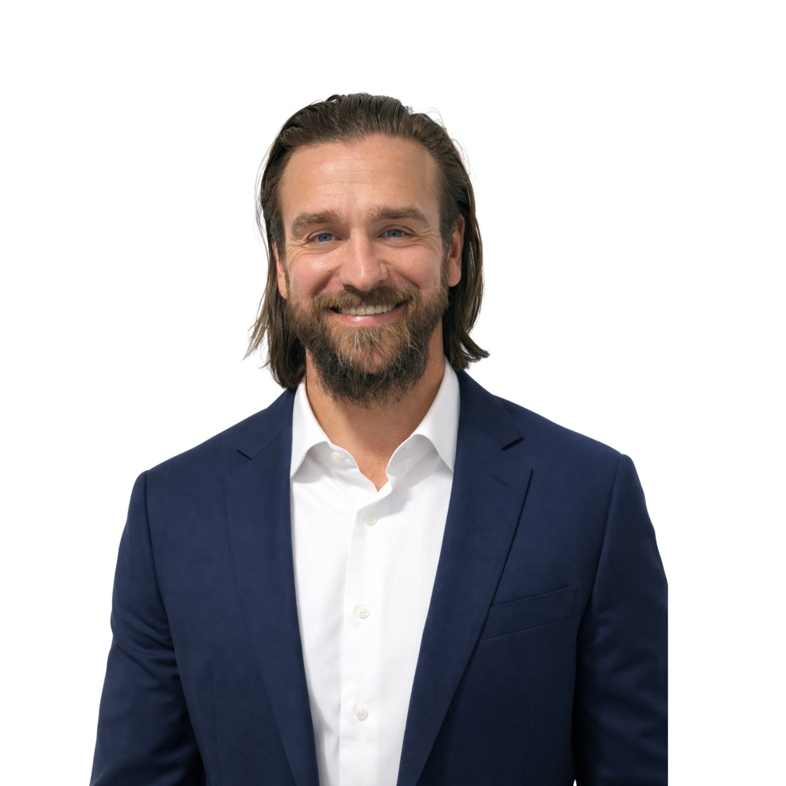 Man with a beard wearing a white shirt with