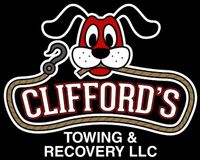 The logo for Clifford's Towing & Recovery LLC shows a dog with a hook in its mouth.