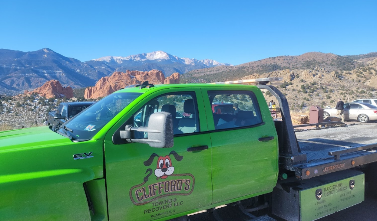 A green tow truck with a dog on the side is parked in front of a mountain.