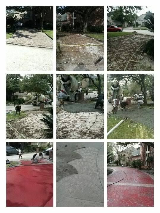 Driveway paving process: Old surface removed, new concrete poured, finished in red.