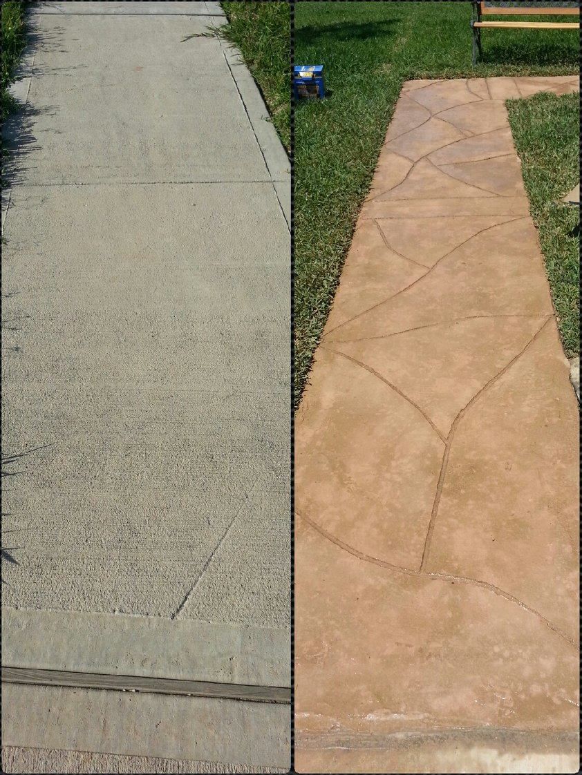 Concrete walkway before and after treatment; left side grey, right side stained brown with decorative lines.