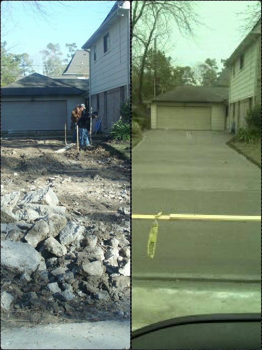 Split image: driveway demolition on the left, new concrete driveway on the right. House with a garage is in the background.