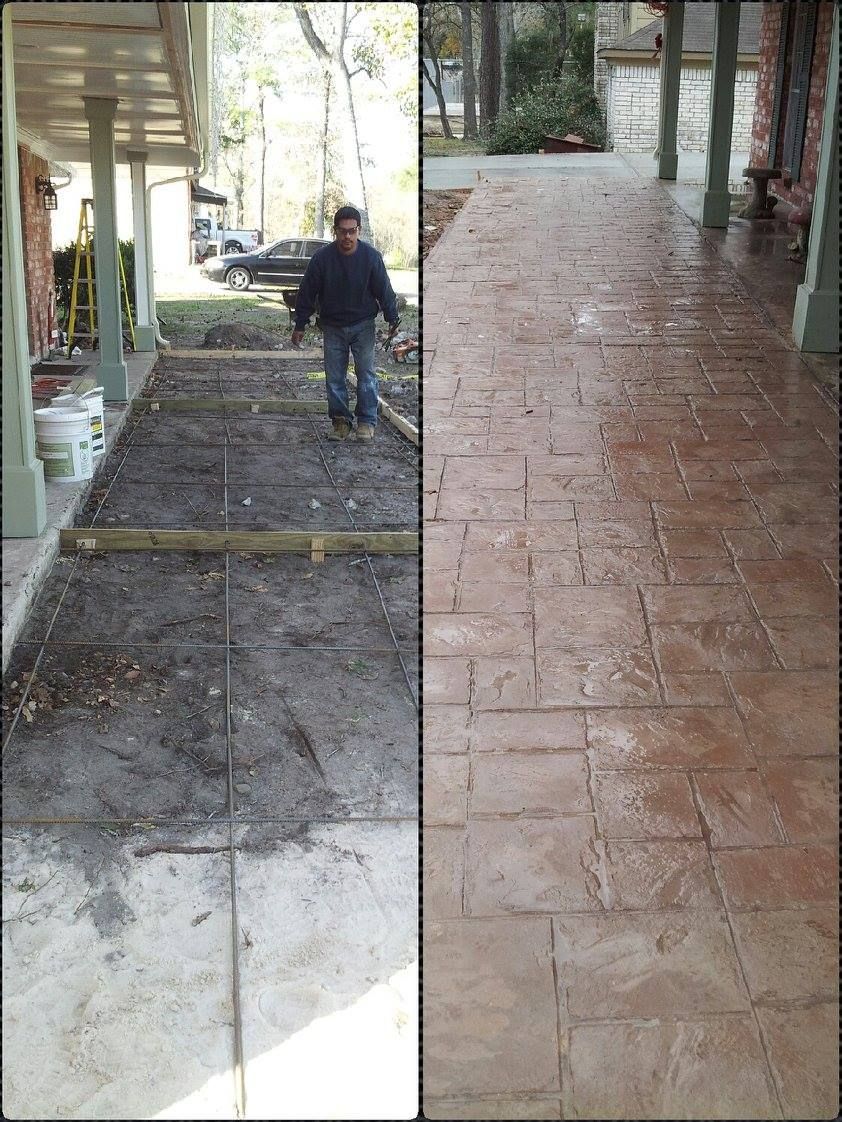 Before and after comparison of concrete walkway. A man stands on the left side, covered in gray concrete; the right side shows finished, brown stamped concrete.
