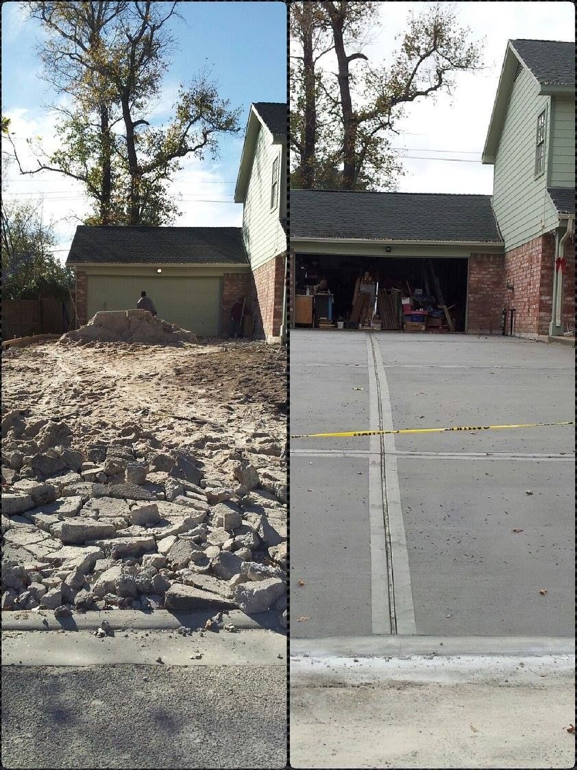Half driveway demo vs. newly paved. Garage and trees in background.