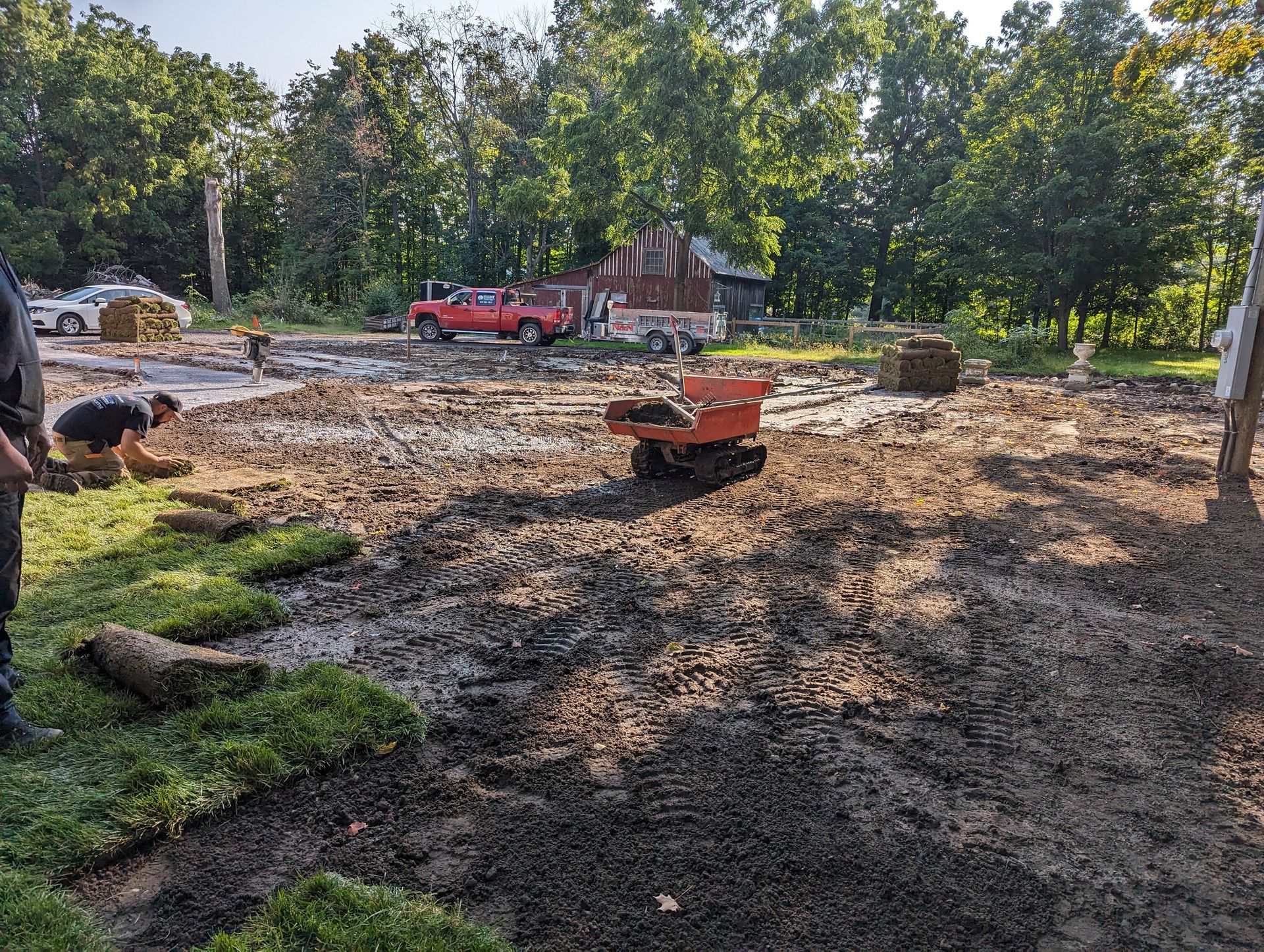 Une brouette est posée au milieu d'un champ boueux.