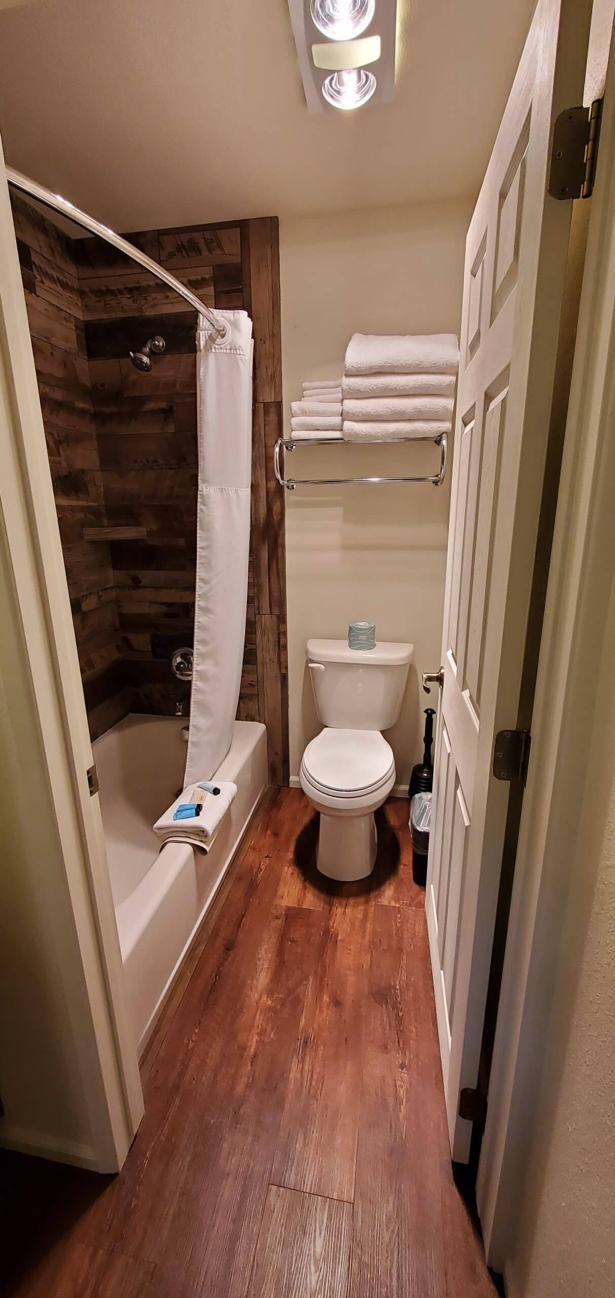 A bathroom with a toilet , bathtub and shower.