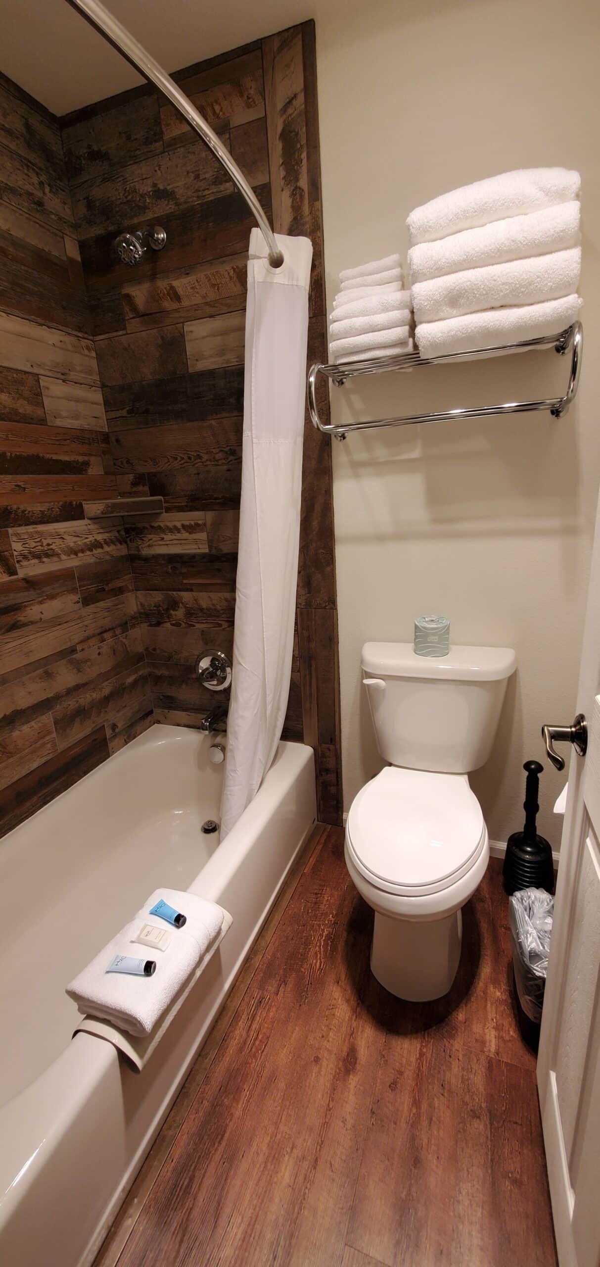 A bathroom with a toilet , bathtub and shower.