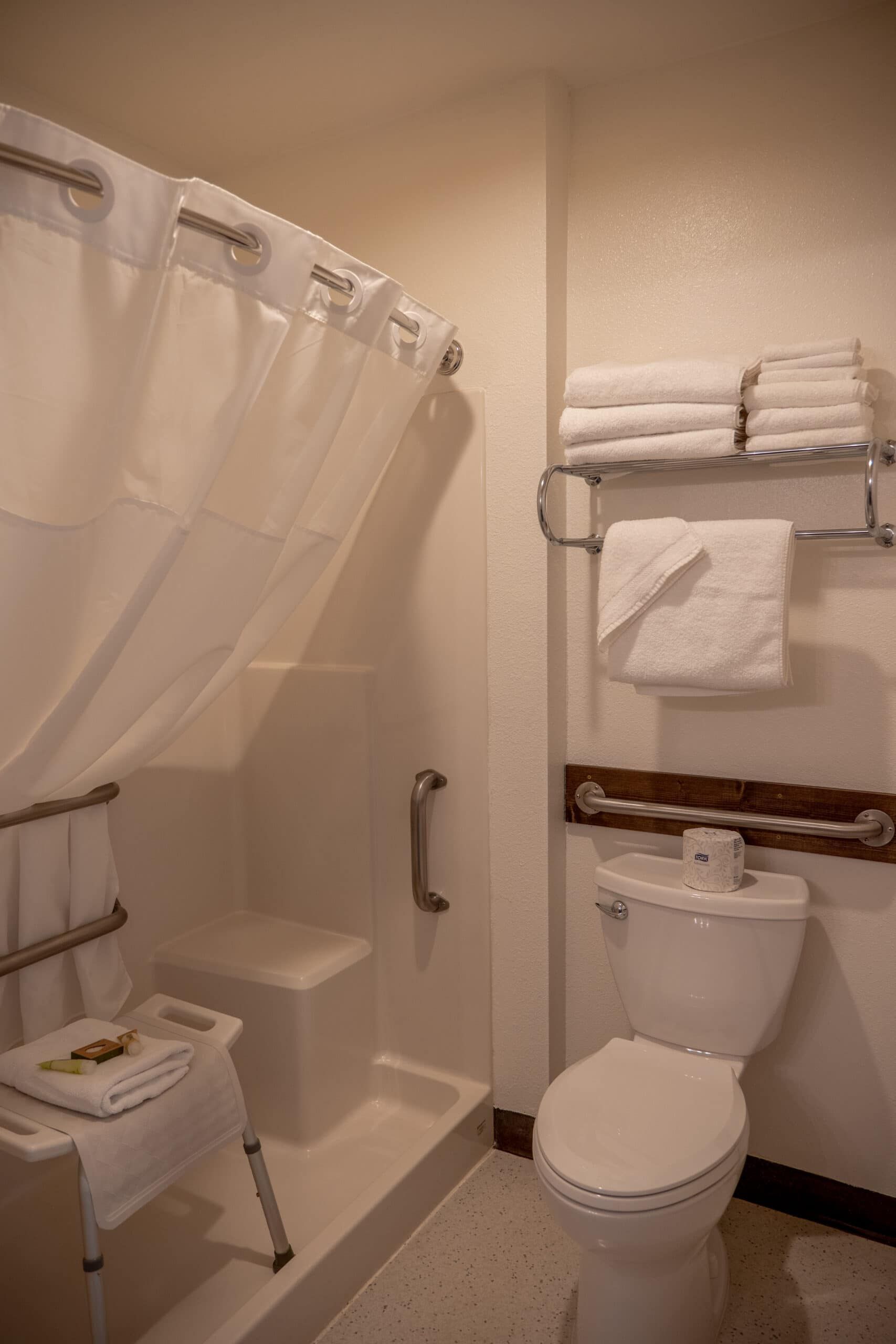 A bathroom with a toilet , shower and towels.