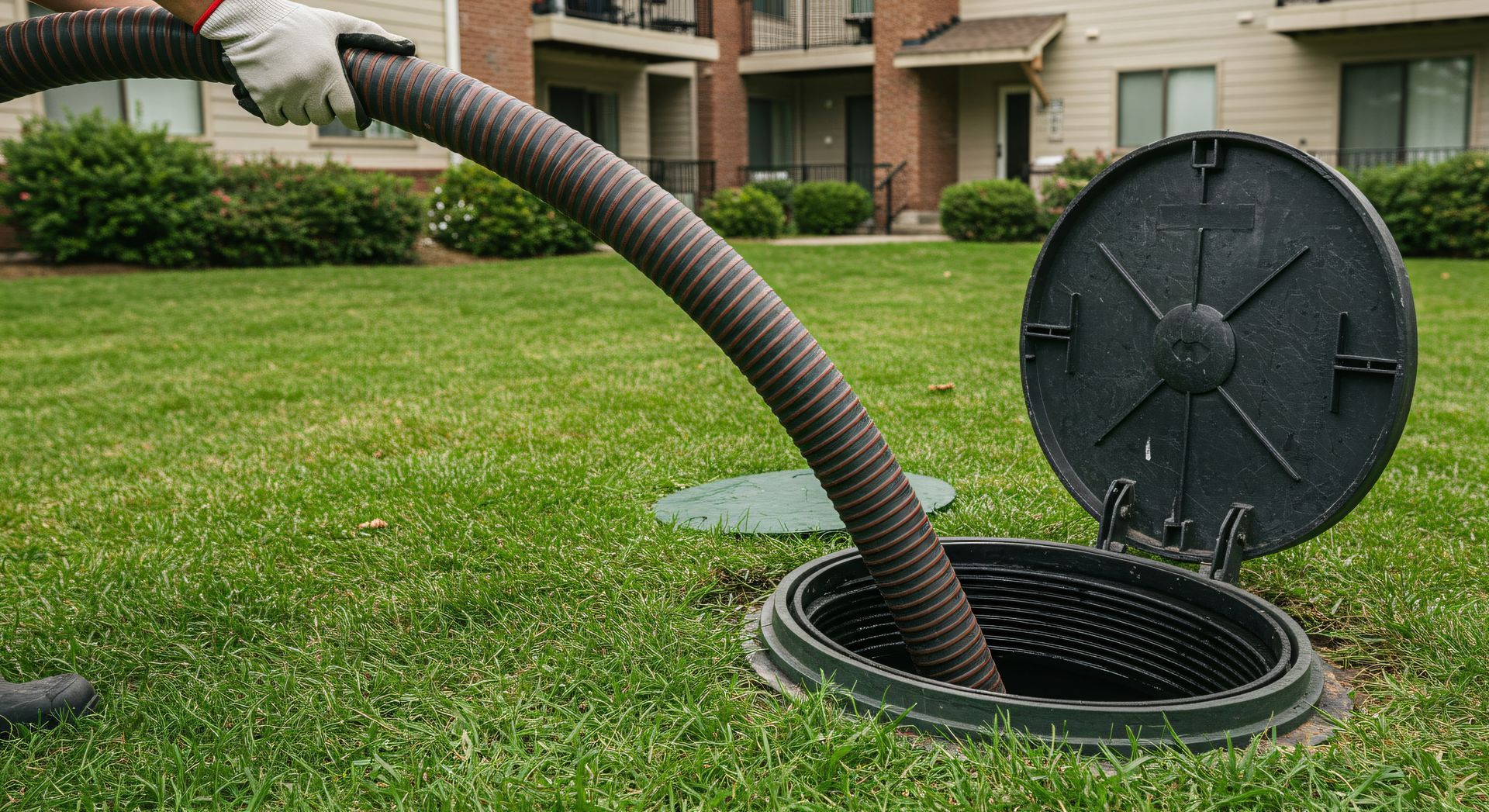 A man cleaning a greasy drain with a hose, supporting effective pump service maintenance.