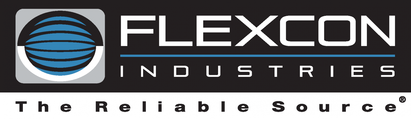 Logo for Flexcon Industries: a blue globe graphic and company name. Text reads 