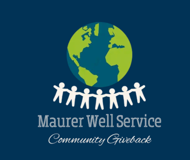 Logo for Maurer Well Service: Globe, stick figures holding hands, and text 