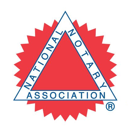 National Notary Association logo: Red, jagged-edged circle with a blue-bordered triangle containing text.