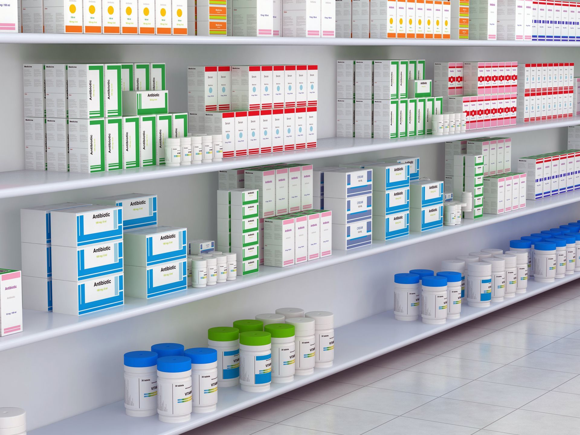 Shelves stocked with various medicine boxes and pill bottles in a pharmacy setting.