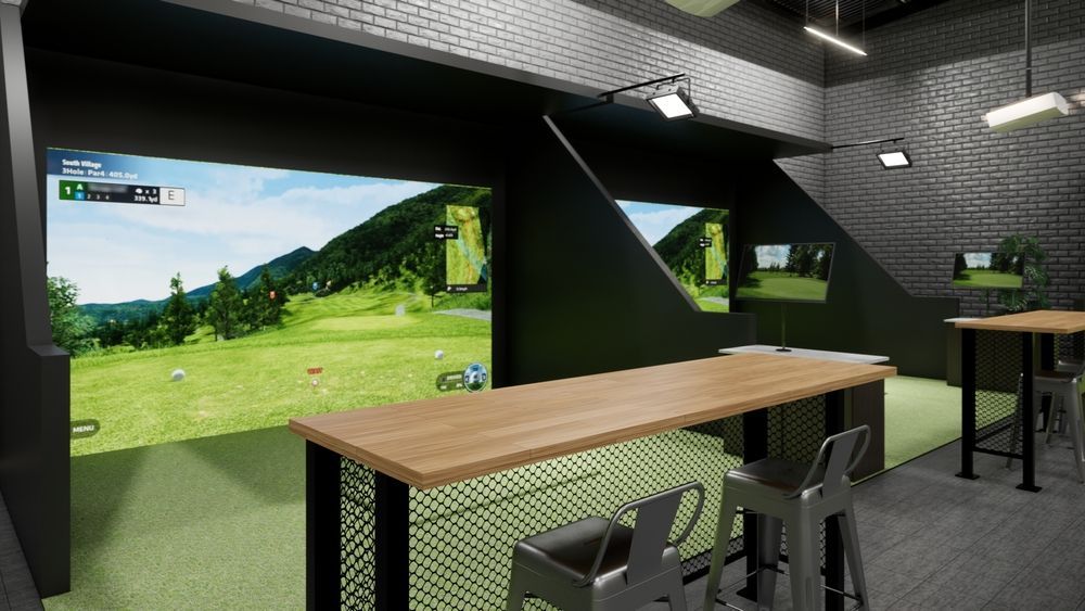 Golf simulator room with large screens, bar, and seating.