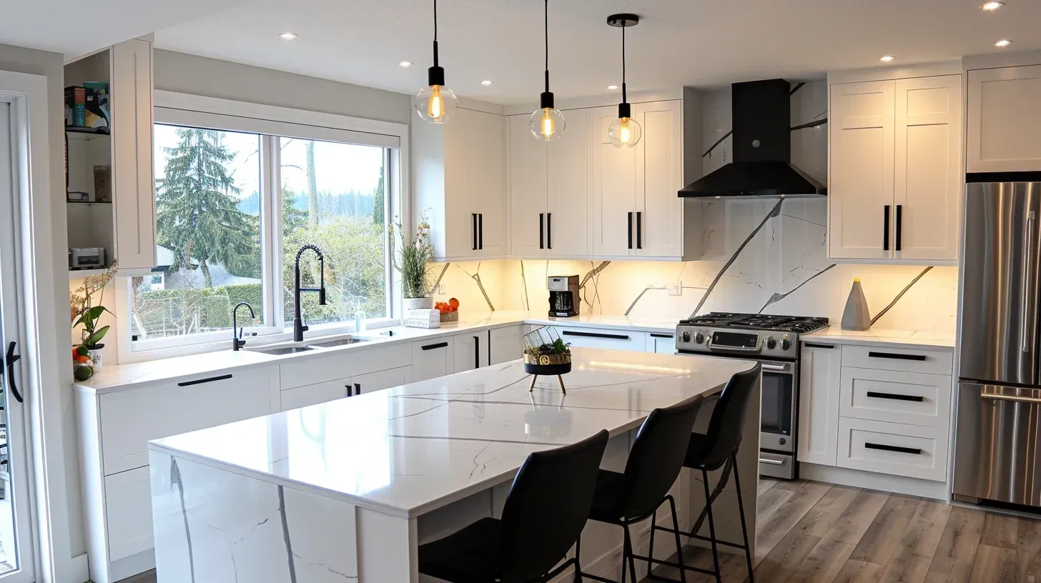 High-quality Vancouver kitchen remodel highlighting granite countertop installation, island expansion, and recessed lighting upgrades.
Modern kitchen renovation Vancouver BC including quartz slab surfaces, tile backsplash design, and full-service remodeling execution.
Vancouver kitchen remodeling project showcasing marble island slab, shaker cabinet installation, and complete kitchen renovation coordination.
Luxury Vancouver kitchen renovation featuring bespoke cabinets, granite waterfall island, hardwood flooring installation, and premium finish detailing.