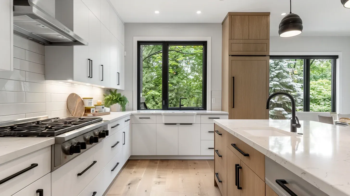 Vancouver BC kitchen remodeling services including marble backsplash installation, quartz countertop replacement, and custom millwork cabinetry solutions.
Affordable kitchen remodeling Vancouver BC with laminate countertop upgrade, cabinet refacing, backsplash tile replacement, and vinyl flooring installation.
Premium Vancouver kitchen renovation showcasing granite island seating area, hardwood flooring upgrade, contemporary cabinet hardware, and structural reinforcement.
Contemporary kitchen remodel Vancouver BC with marble countertops, waterfall island detailing, and high-end kitchen remodeling craftsmanship.
Vancouver kitchen remodeling experts installing custom cabinetry, quartz slab countertop upgrade, and energy-efficient appliance integration.