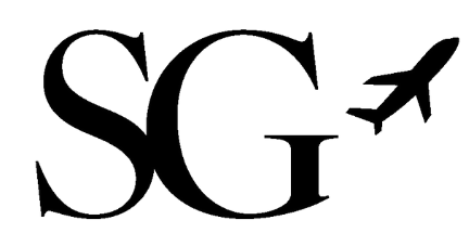 Um logotipo preto e branco para sg com um avião no meio.