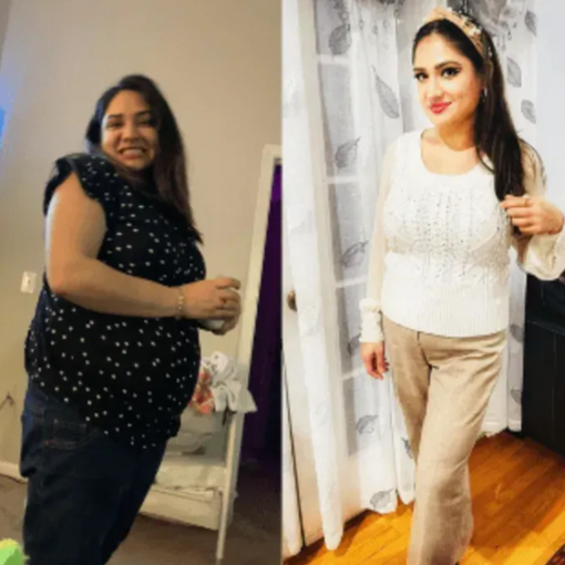 Side-by-side full-body comparison of a woman in dark and light outfits indoors near a curtain