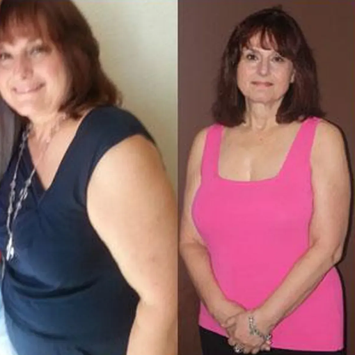 Side-by-side full-body photos of a woman, wearing a navy dress and a pink top, on a plain background