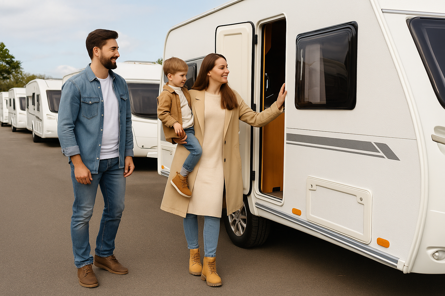A family stands outdoors next to a white travel trailer at a dealership lot, looking toward the open door.