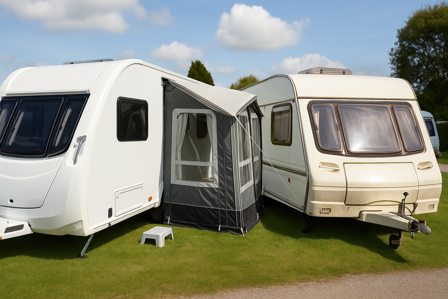 Two white travel trailers parked on a grassy field, with a grey canopy attached to the side of the trailer on the left.