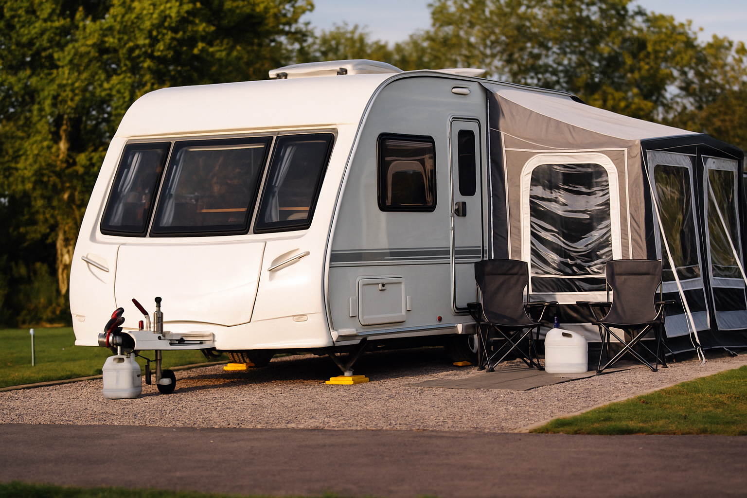 A white travel trailer with an attached awning, parked on a gravel site with two folding chairs outside.