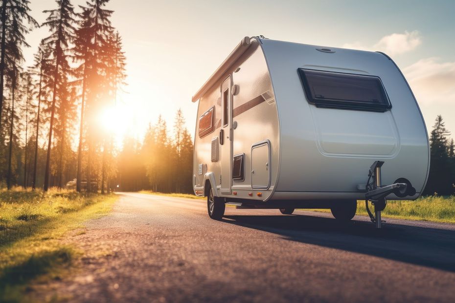 A white travel trailer parked on an asphalt road during a scenic sunset with silhouetted trees in the background.