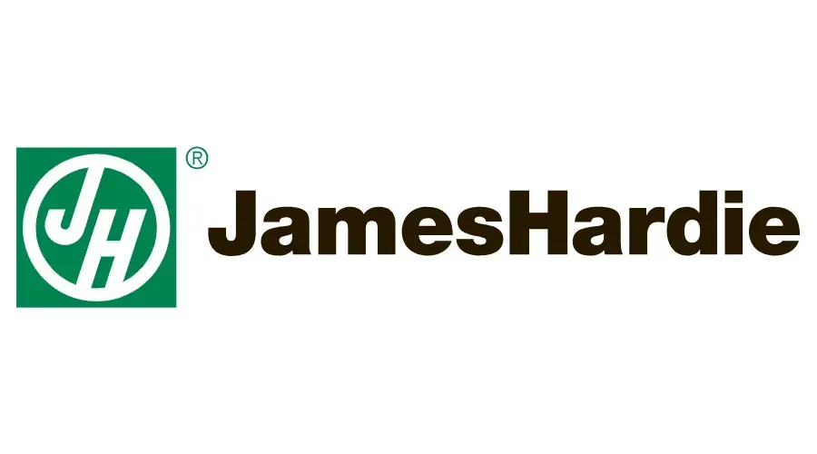 The logo for jameshardie is a black and white logo with a green square in the middle.