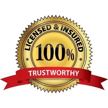 A gold seal that says licensed and insured 100 % trustworthy