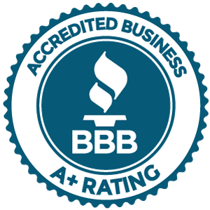 A blue and white bbb accredited business a+ rating seal