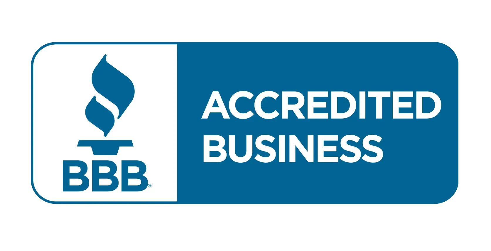 The bbb logo is blue and white and says accredited business.
