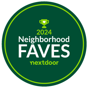 A green circle with the words neighborhood faves nextdoor on it