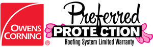 The logo for owens corning preferred protection roofing system limited warranty