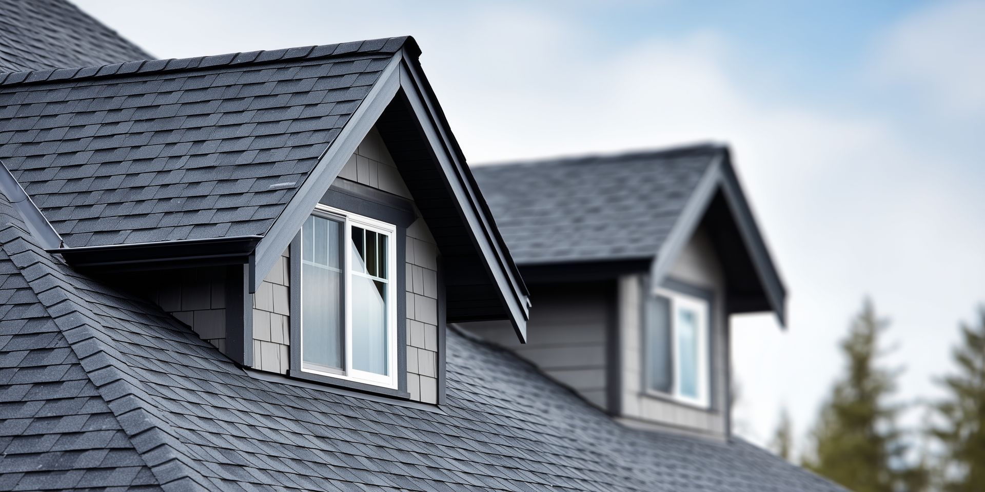 Close-up of a house roof with two dormers. The roof is gray with dark trim and windows.