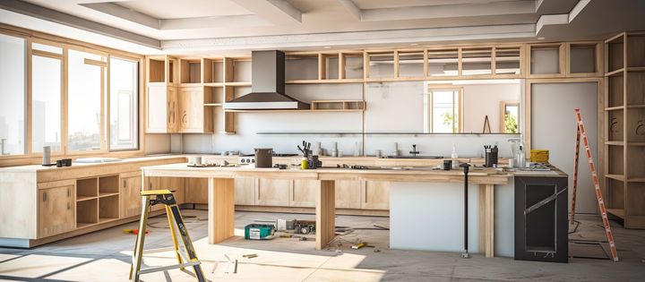 Kitchen under construction with wooden cabinets, island, and exposed framing.