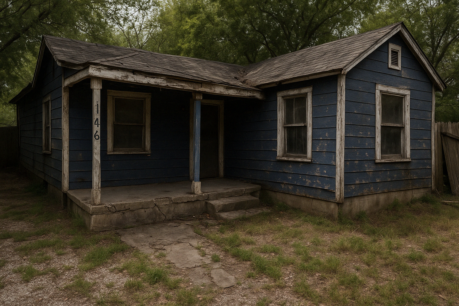 An old blue house with a porch and stairs