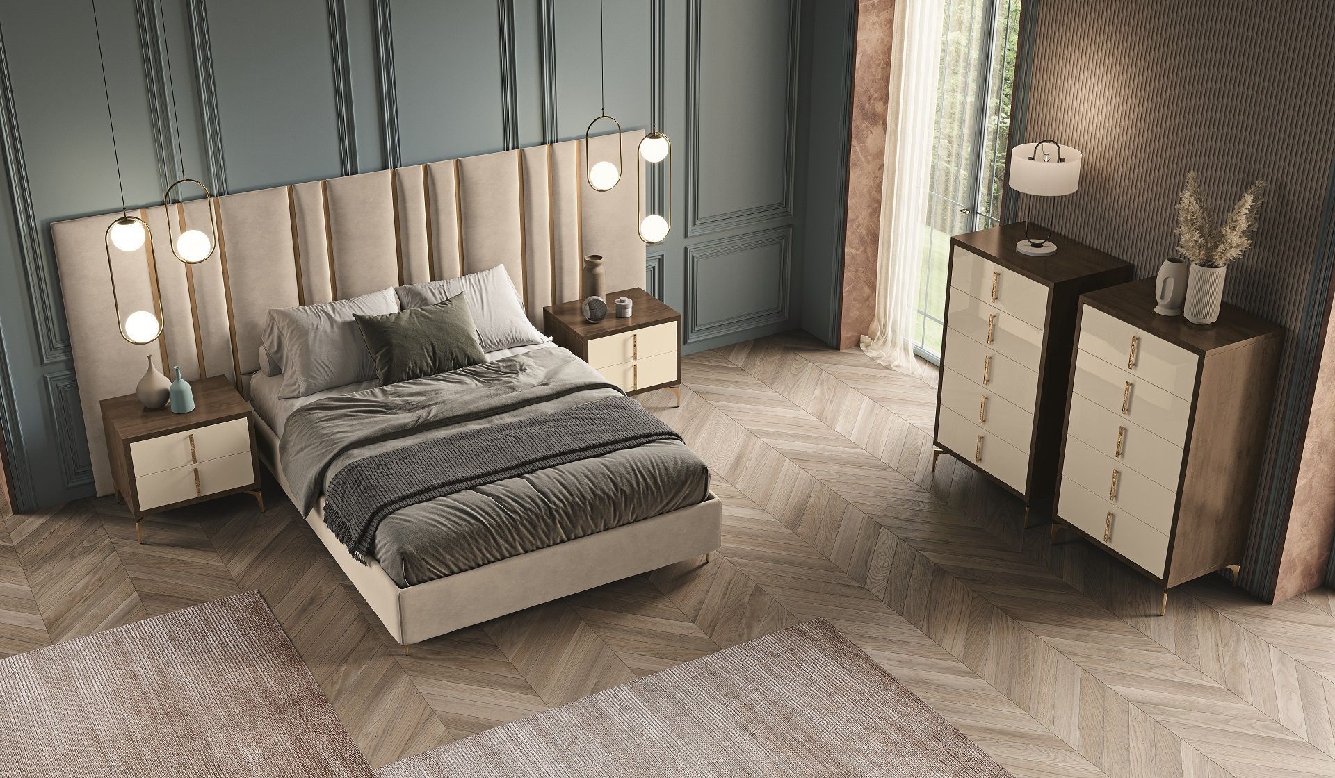 Una camera da letto con un letto, due comodini, un cassettone e una finestra.