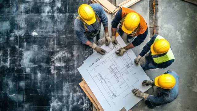 Des ouvriers du bâtiment portant des casques jaunes examinent des plans sur un chantier.