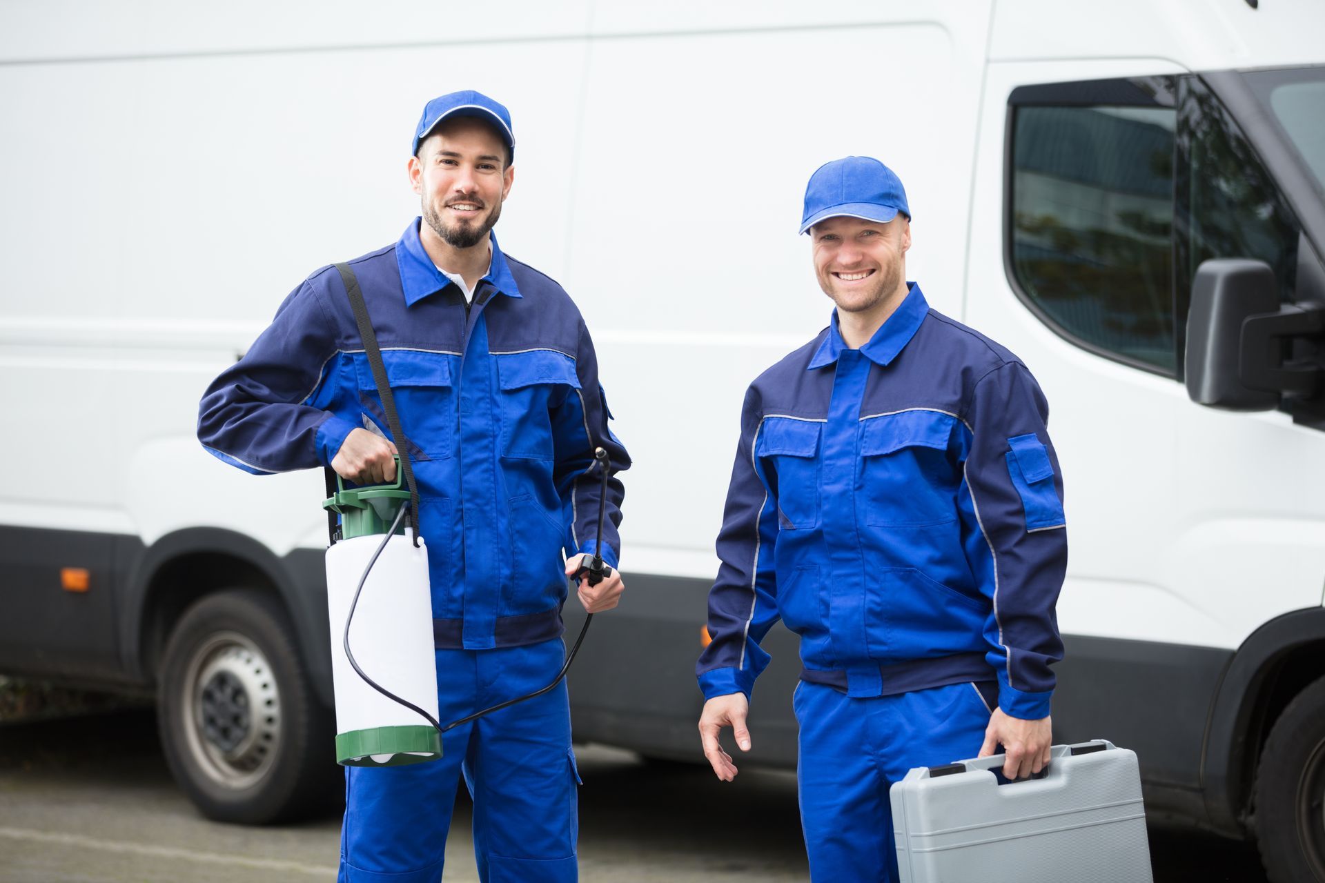 Two utility workers in blue uniforms standing beside a white service van, one holding a tool case.