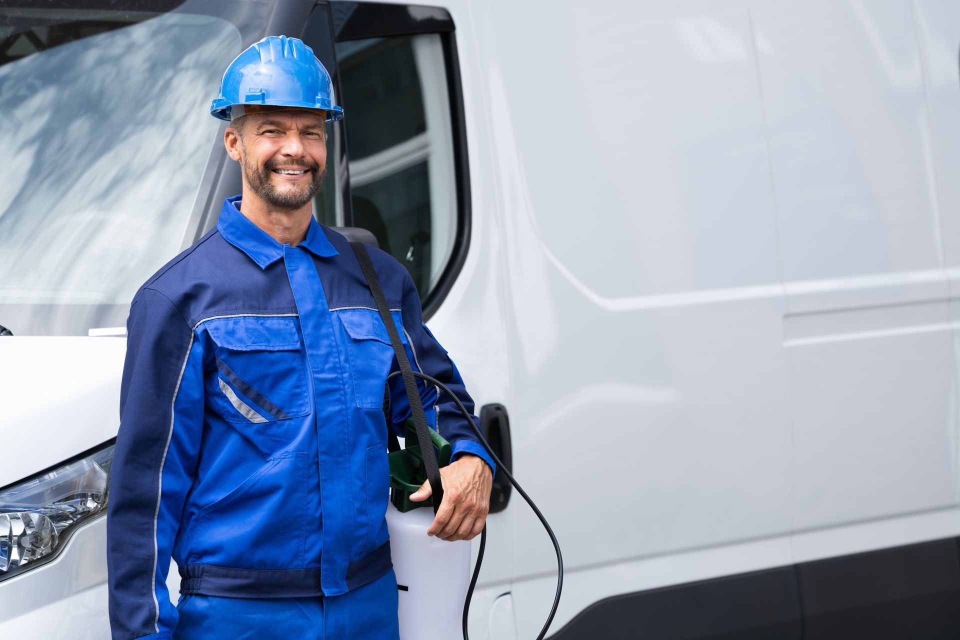 Smiling utility worker in blue uniform and hard hat standing beside a white van while holding a cable