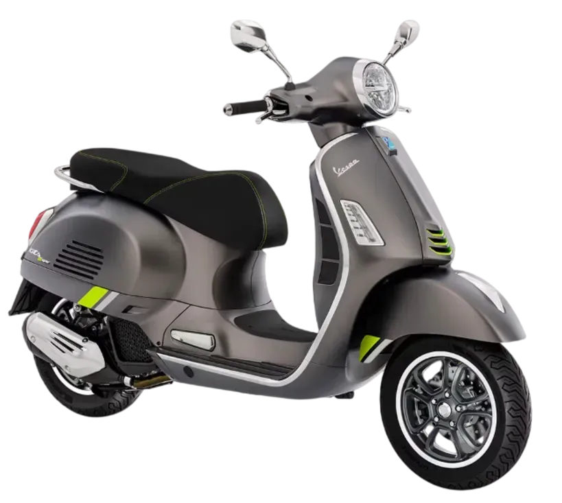 Uno scooter Vespa grigio con dettagli verde neon, visto di profilo su sfondo bianco.