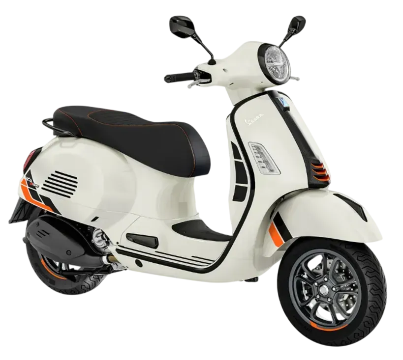 Uno scooter Vespa GTS bianco con dettagli neri, particolari arancioni e cerchi neri su uno sfondo bianco uniforme.