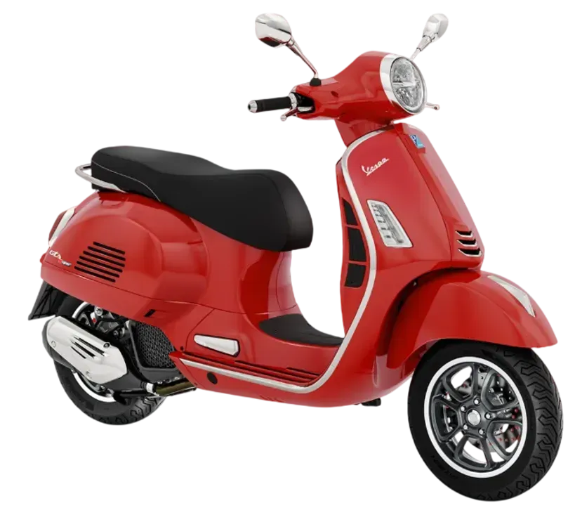 Uno scooter Vespa GTS rosso acceso parcheggiato su uno sfondo bianco.