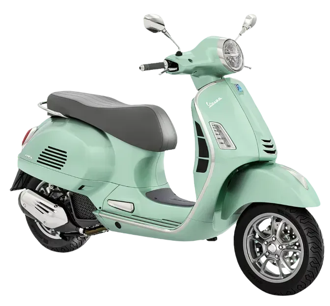 Uno scooter Vespa verde menta con sella grigia, specchietti argentati e dettagli cromati, raffigurato su sfondo bianco.