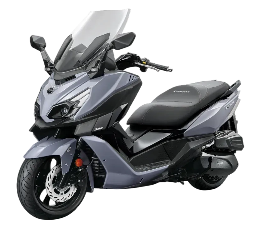 Foto in studio di uno scooter SYM Joyride 300 grigio su sfondo bianco.