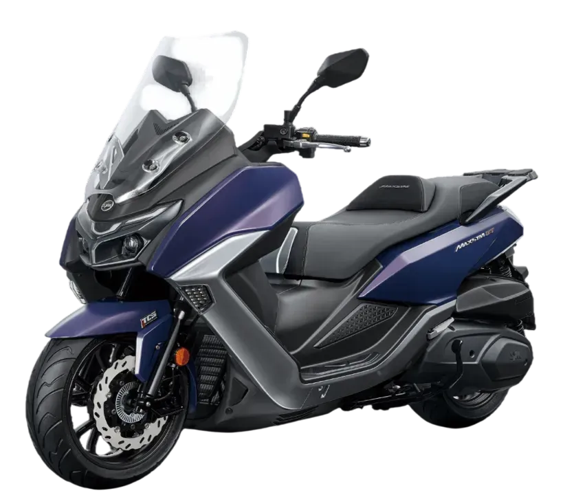 Un monopattino elettrico SYM Joymax Z+ di colore blu scuro, visto di profilo su uno sfondo bianco uniforme.