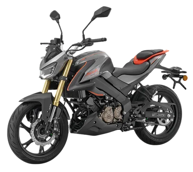 Una motocicletta sportiva naked grigia e nera con forcella anteriore dorata, vista di tre quarti laterale su sfondo bianco.