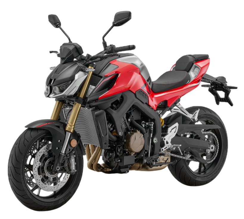 Una motocicletta sportiva naked Honda CB650R rossa e nera, vista frontalmente su uno sfondo bianco uniforme.