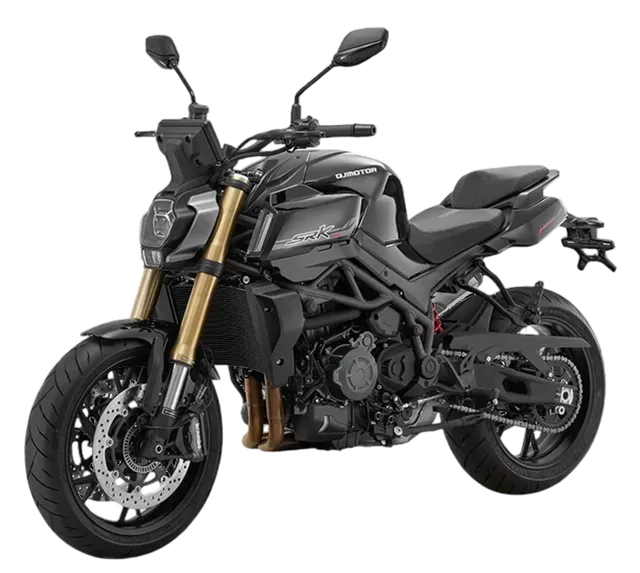 Una raffinata motocicletta naked QJ Motor SRK 700 nera con forcella anteriore dorata, ripresa di profilo in studio.