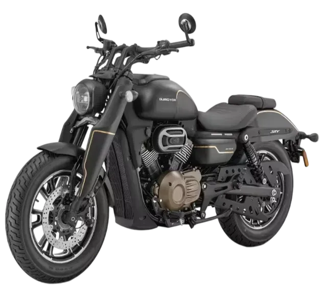 Una motocicletta cruiser nera opaca con faro circolare, dettagli del motore color bronzo e specchietti retrovisori